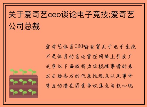 关于爱奇艺ceo谈论电子竞技;爱奇艺公司总裁